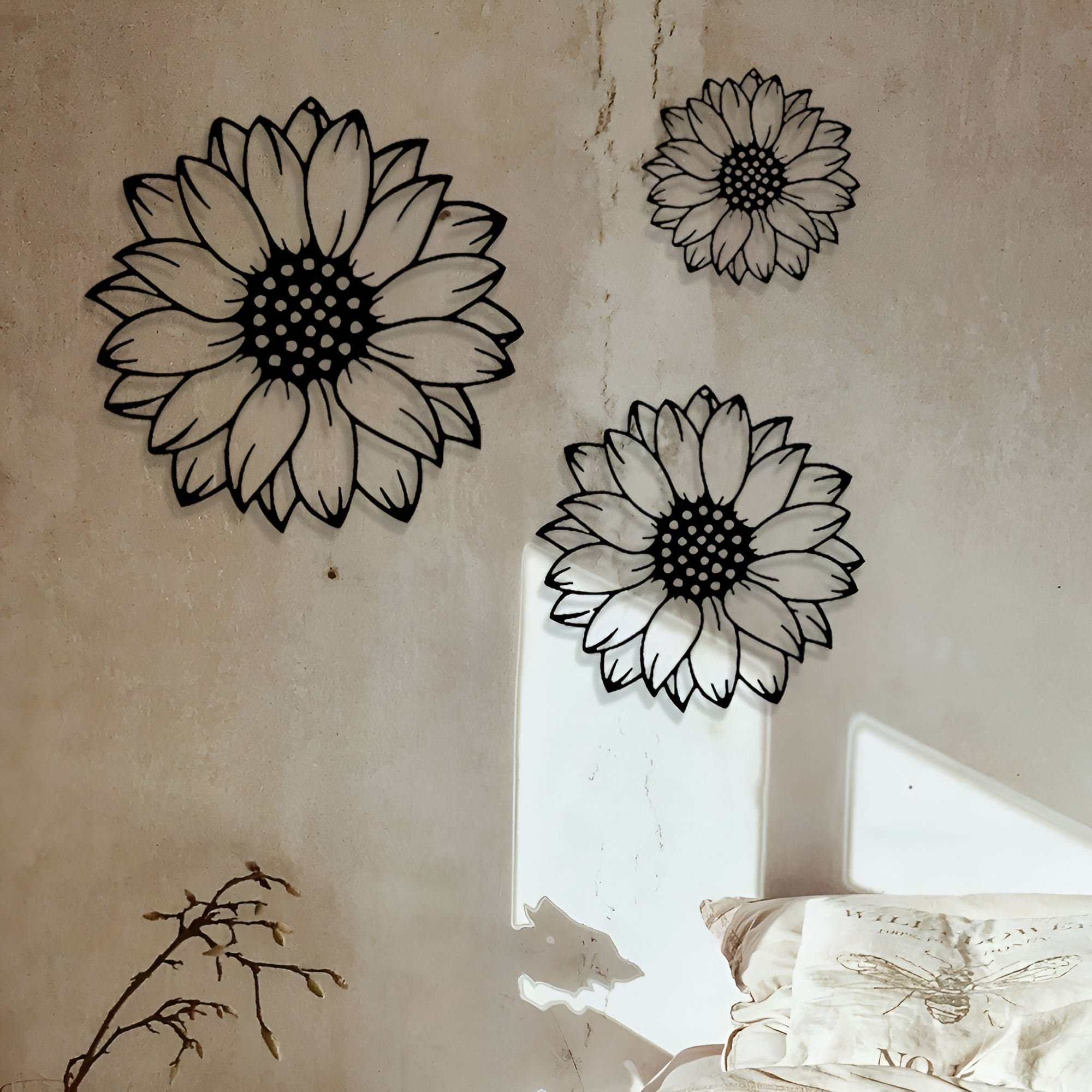 3pcs Metal Sunflower Wall Art, Countryside Garden Decor, Outdoor Fence Hanging