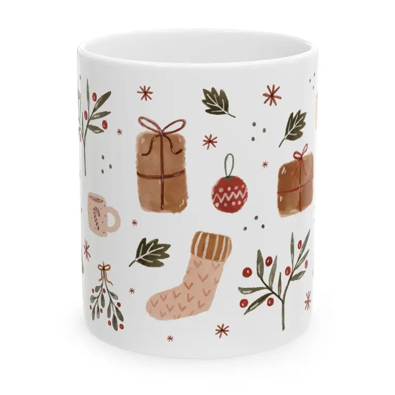 Cozy Christmas Mug With Watercolor Ornaments Printed For Women