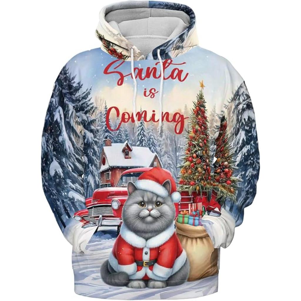 Christmas Santa Cat Truck Tree All Over Print 3D Zip Hoodie