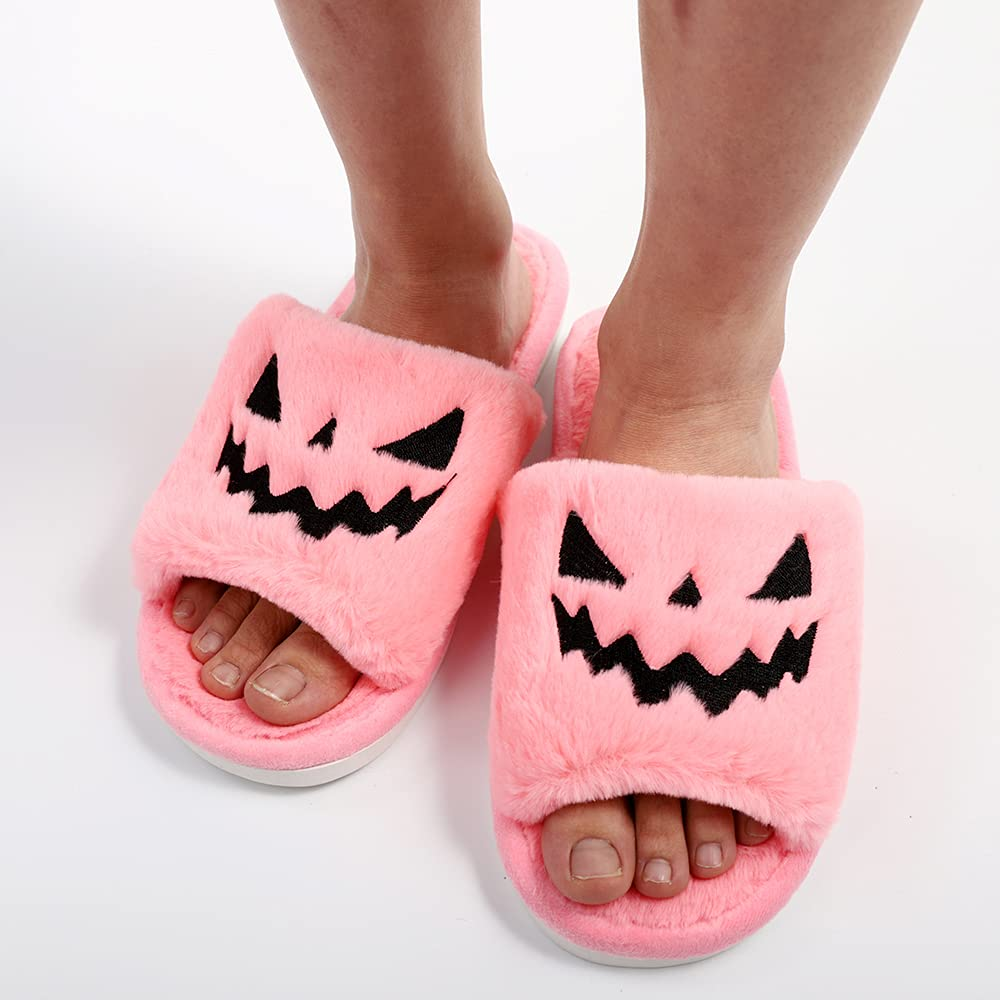 Halloween Pumpkin Plush Slides Cozy Open Toe Indoor Outdoor Slippers