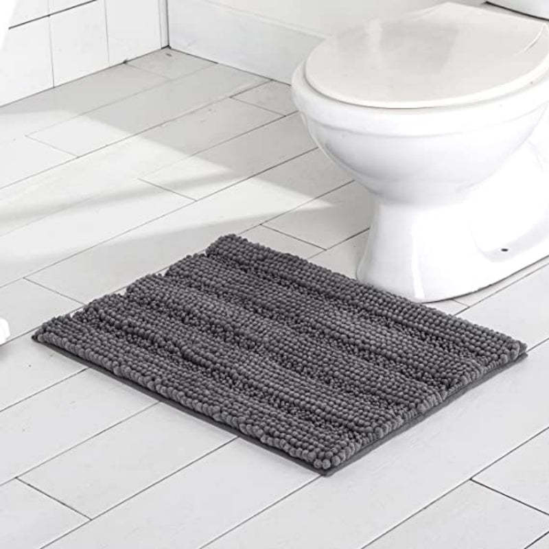 Gray Stripe Chenille Microfiber Bath Mat Rug- Ultra Soft Thick Absorbent Non Slip Shaggy Plush Floor Rugs for Bathroom, Machine Washable - Grafton Collection