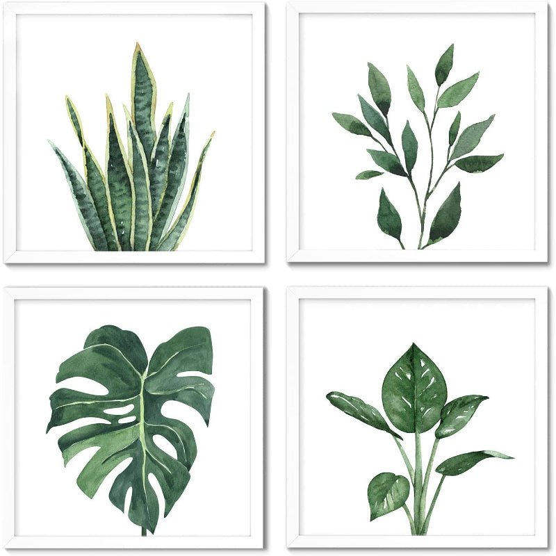Pack Of 4 Green Leaf Tropical Plant Square Frame For Home Decoration - Grafton Collection