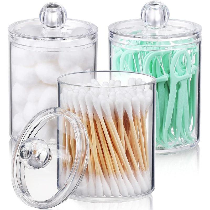 Dispenser For Cotton Ball, Cotton Swab, Cotton Round Pads, Floss - 10 Oz Clear Plastic Apothecary Jar Set For Bathroom Canister Storage Organization, Vanity Makeup Organizer - Grafton Collection