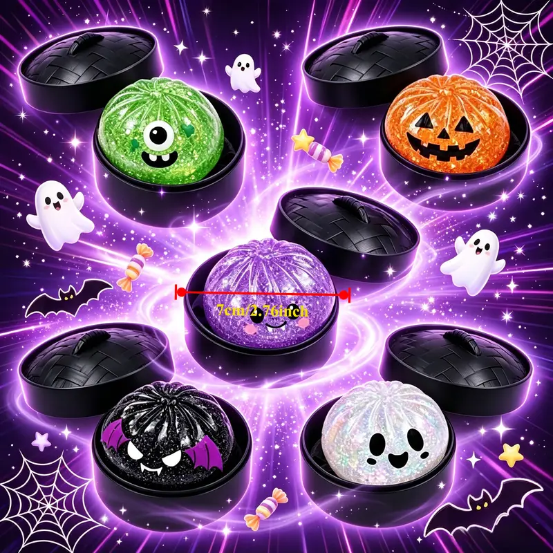Pack Of 6 Halloween Glitter Dumpling Squeeze Toys Mini Bread Roll Set
