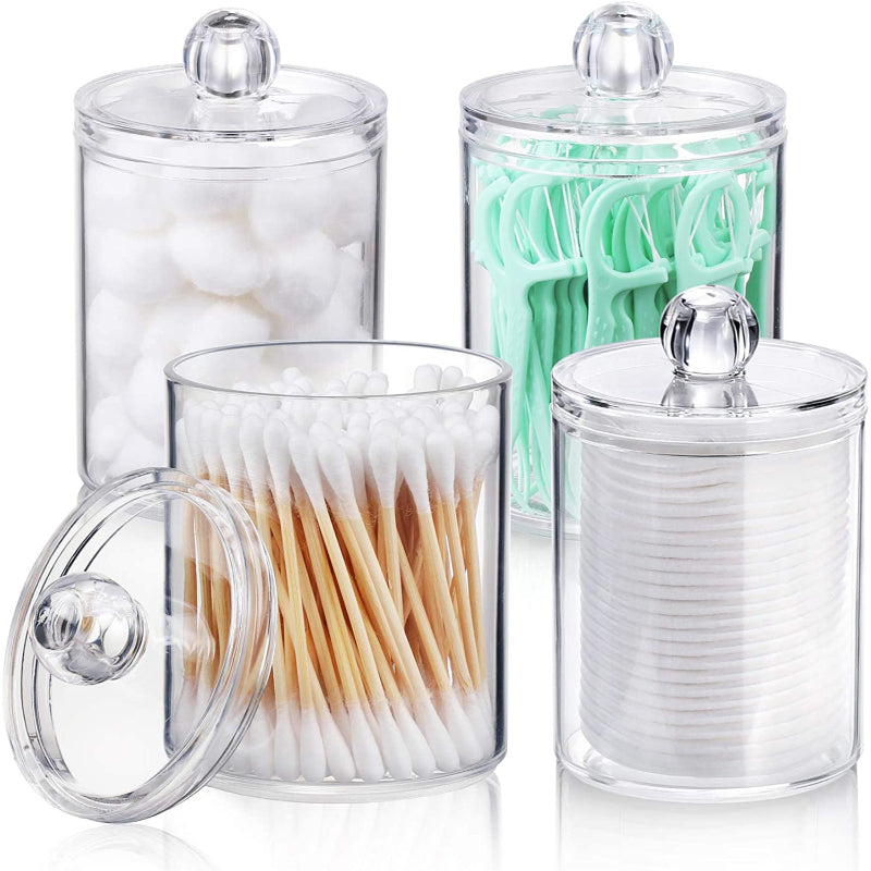 Dispenser For Cotton Ball, Cotton Swab, Cotton Round Pads, Floss - 10 Oz Clear Plastic Apothecary Jar Set For Bathroom Canister Storage Organization, Vanity Makeup Organizer - Grafton Collection