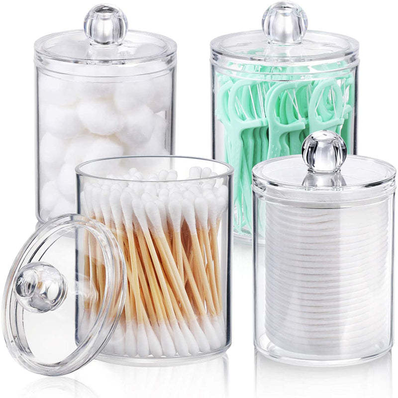 Dispenser For Cotton Ball, Cotton Swab, Cotton Round Pads, Floss - 10 Oz Clear Plastic Apothecary Jar Set For Bathroom Canister Storage Organization, Vanity Makeup Organizer - Grafton Collection