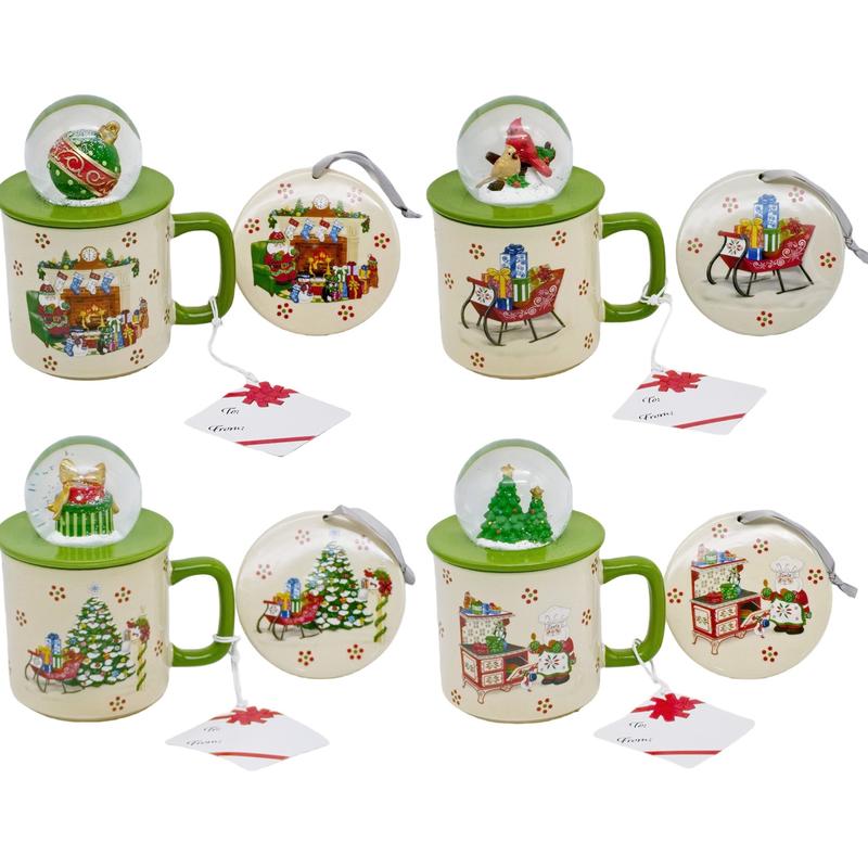 Set of 4 18oz Snow Globe Topper Christmas Mugs With Lid
