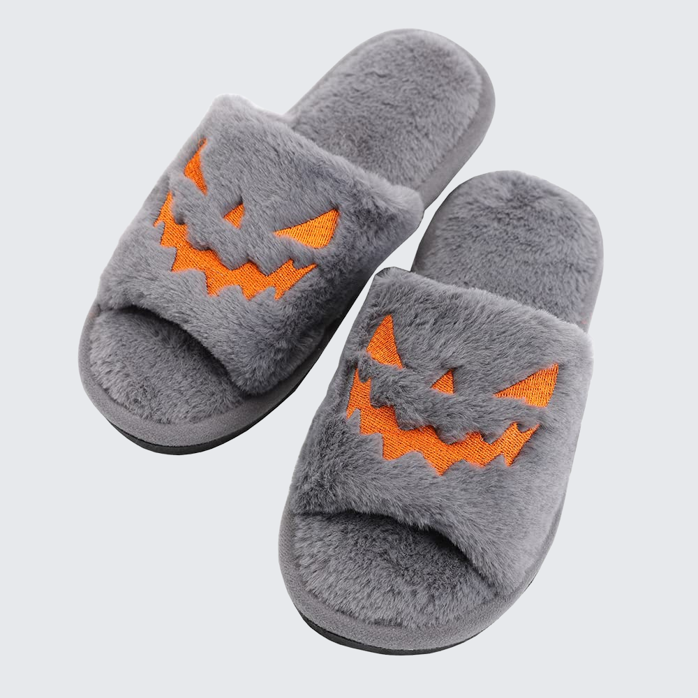 Halloween Pumpkin Plush Slides Cozy Open Toe Indoor Outdoor Slippers