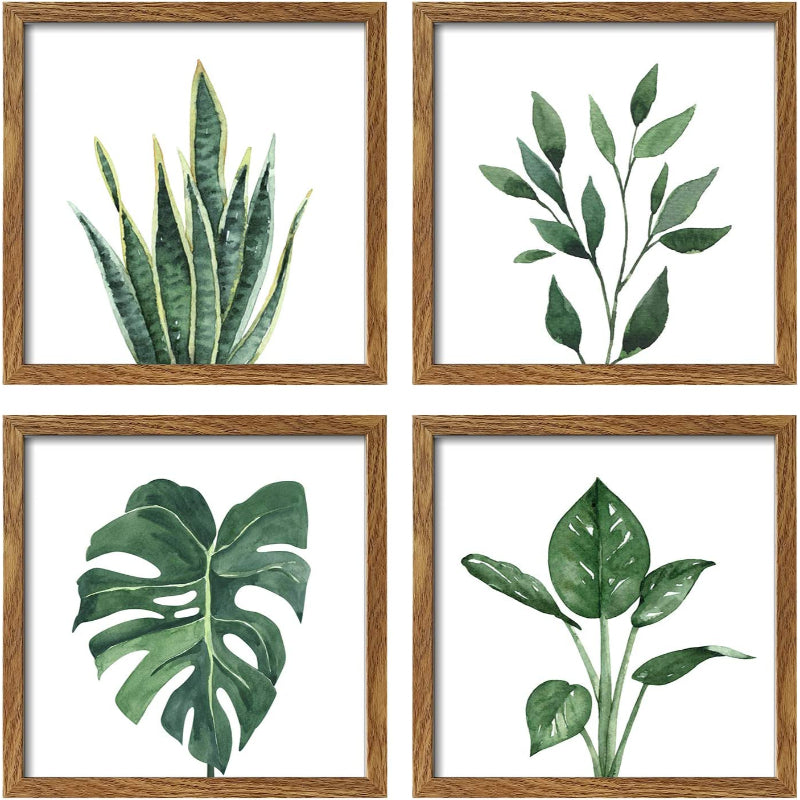 Pack Of 4 Green Leaf Tropical Plant Square Frame For Home Decoration - Grafton Collection