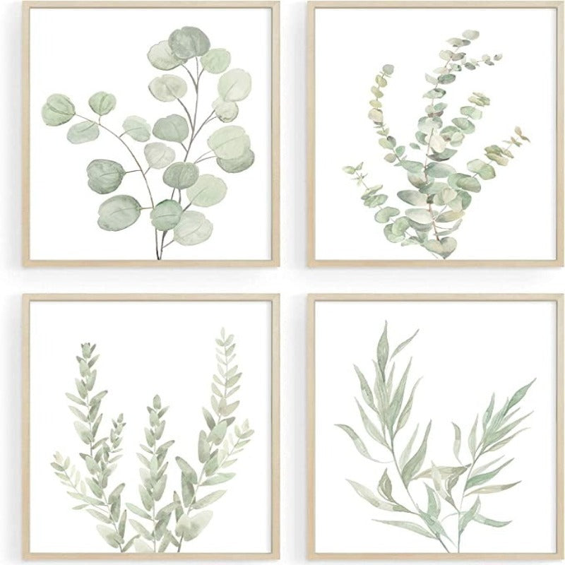 Botanical Boho Bathroom Decor Wall Art Prints, UNFRAMED Sage Green Plants Decor for Bedroom | Office, Minimalist Eucalyptus Leaves Watercolor Art Prints - Grafton Collection