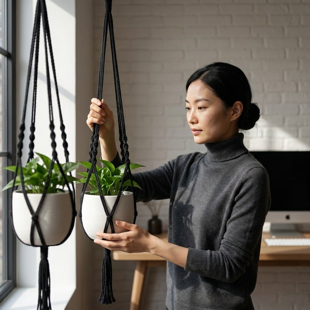 2 Piece Boho Style Plant Hanging Basket Set With Wooden Beads