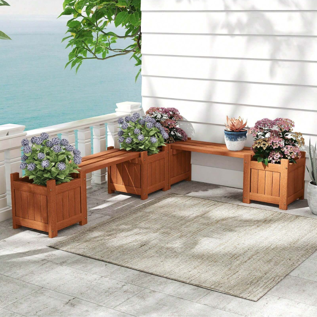 Outdoor Wooden Planter Box with Bench Seat