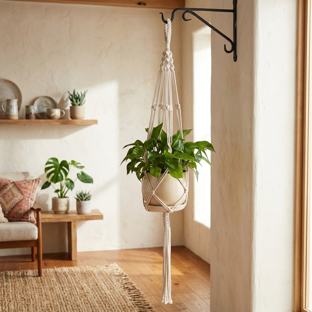 Boho Style Plant Hanging Basket Set With Wooden Beads