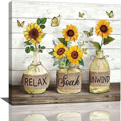 Farmhouse Bathroom Decor Wall Art Rustic Sunflower Bathroom Pictures Canvas Print Country Bathroom Painting Prints Wall Decor Framed Artwork Decor for Living Room Bathroom - Grafton Collection