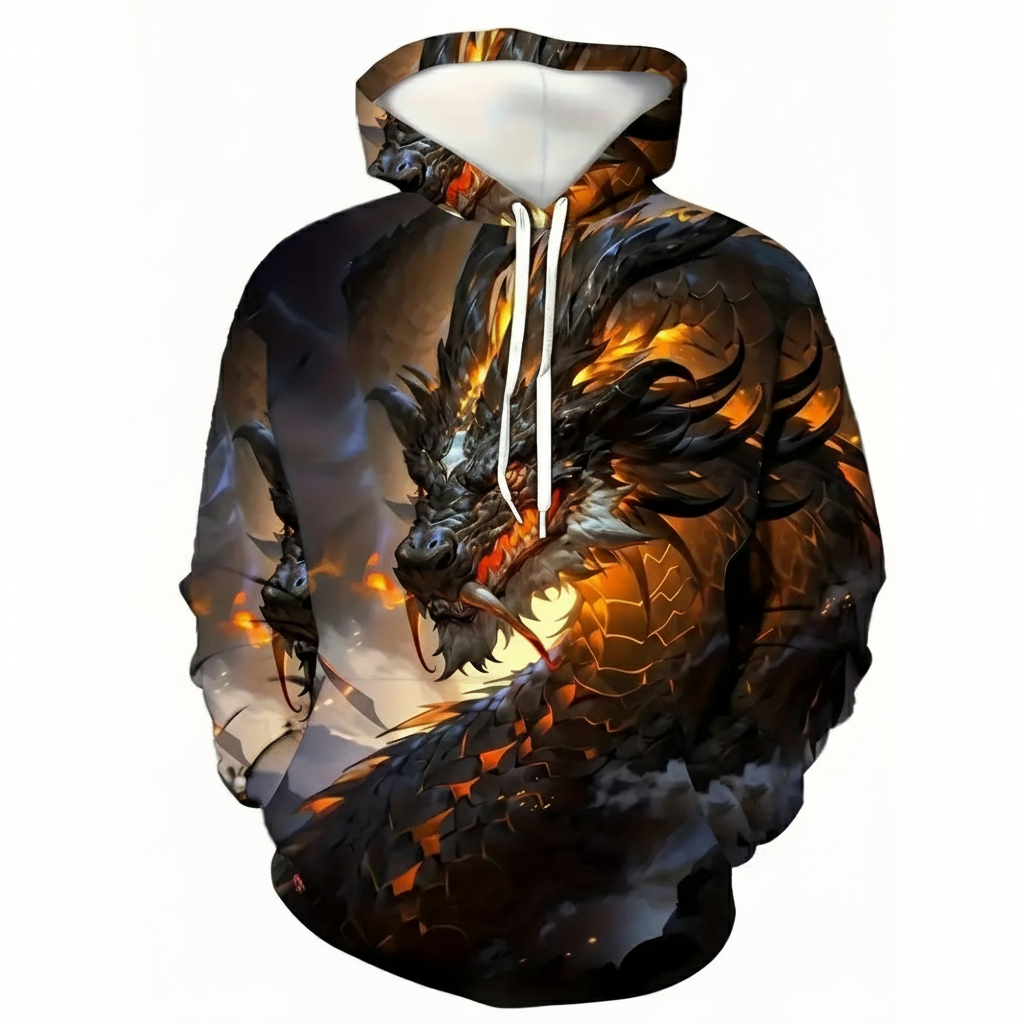 3D Dragon Print Pullover Hoodie for Men