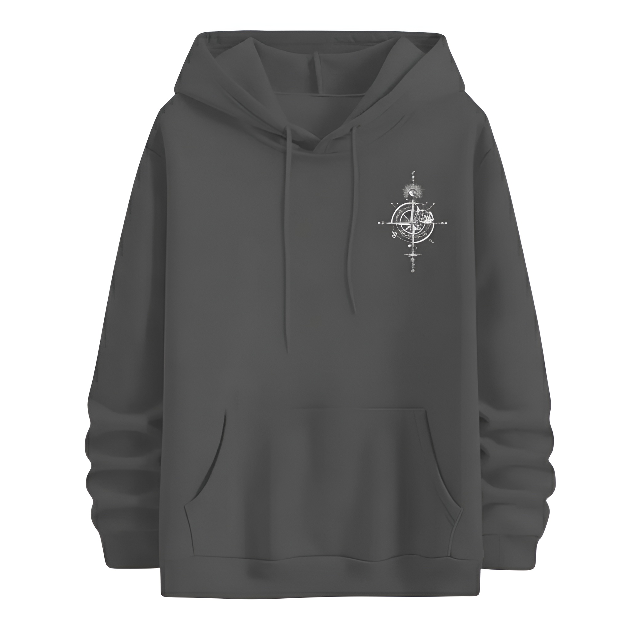 Casual Loose Fit Hoodie With Compass And Mountain Graphic Print For Men