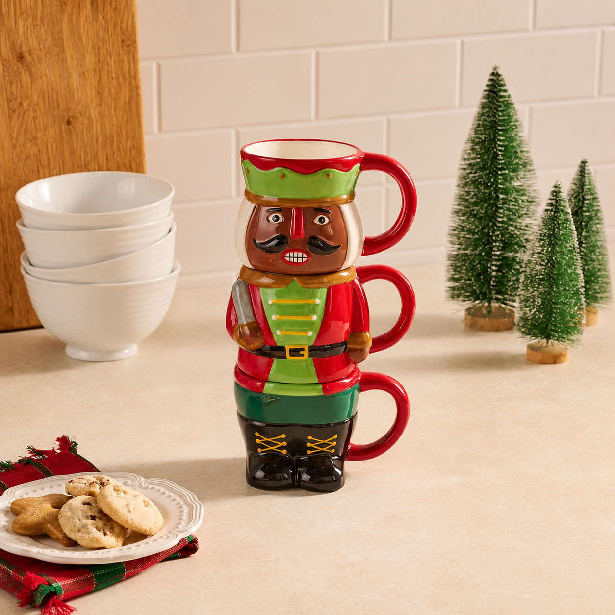 Pack Of 3 Stackable Christmas Holiday Ceramic Mugs