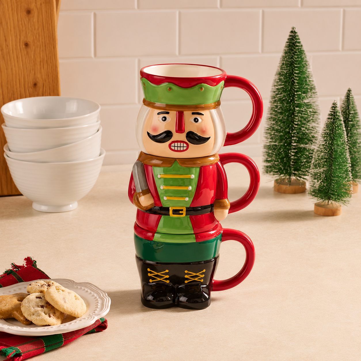 Pack Of 3 Stackable Christmas Holiday Ceramic Mugs
