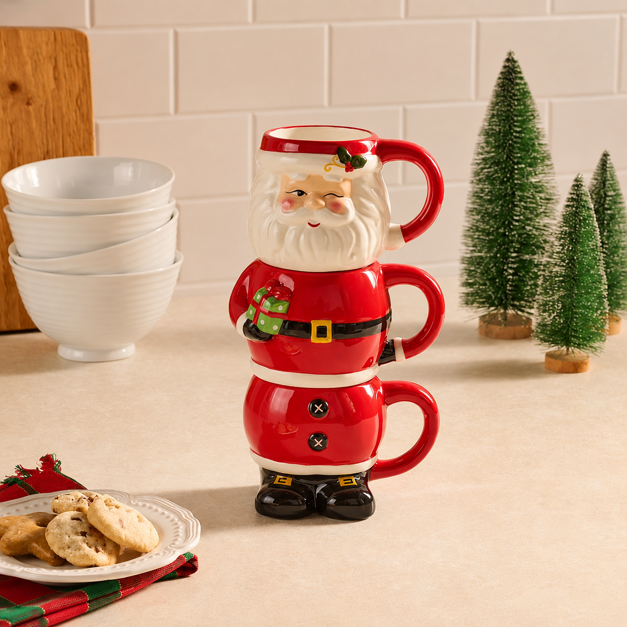 Pack Of 3 Stackable Christmas Holiday Ceramic Mugs