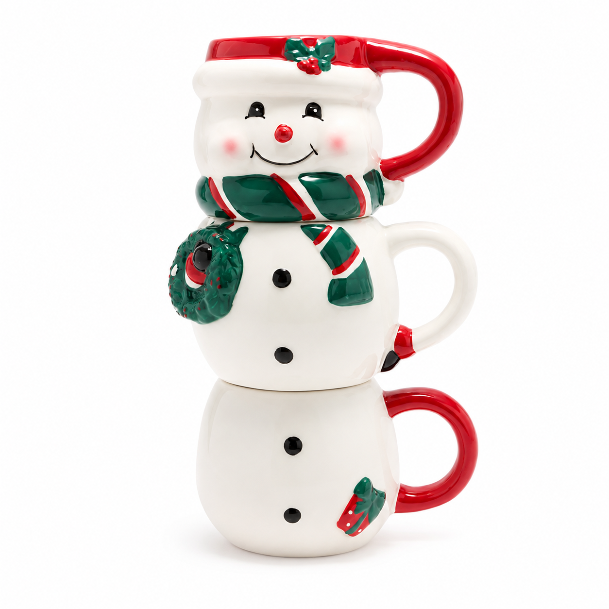 Pack Of 3 Stackable Christmas Holiday Ceramic Mugs