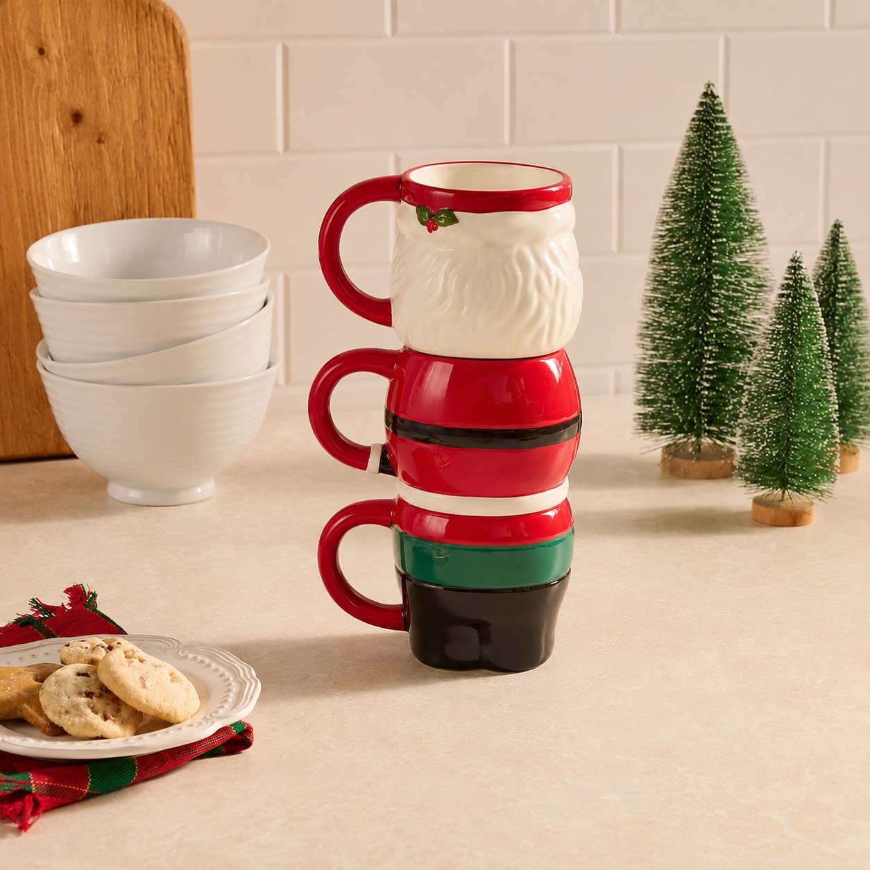 Pack Of 3 Stackable Christmas Holiday Ceramic Mugs
