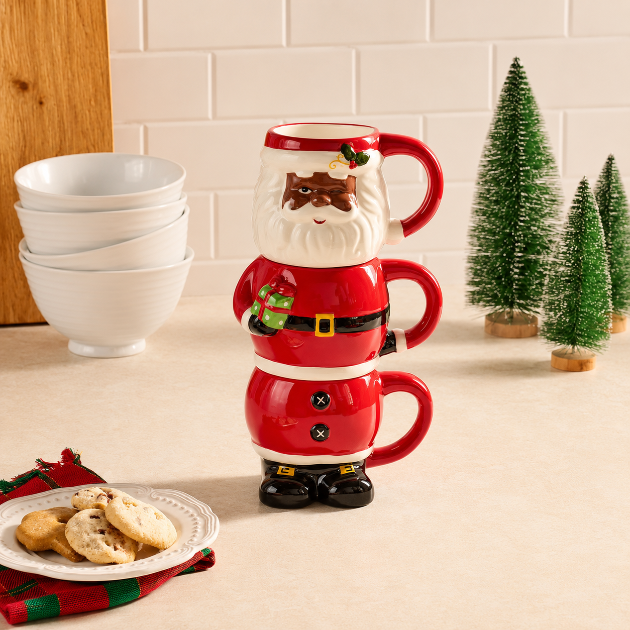 Pack Of 3 Stackable Christmas Holiday Ceramic Mugs