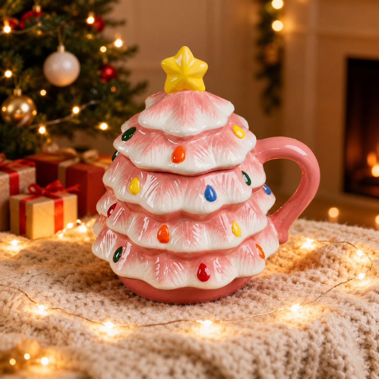 Christmas Holiday Tree 18oz Ceramic Coffee Drinkware Mug With Lid 