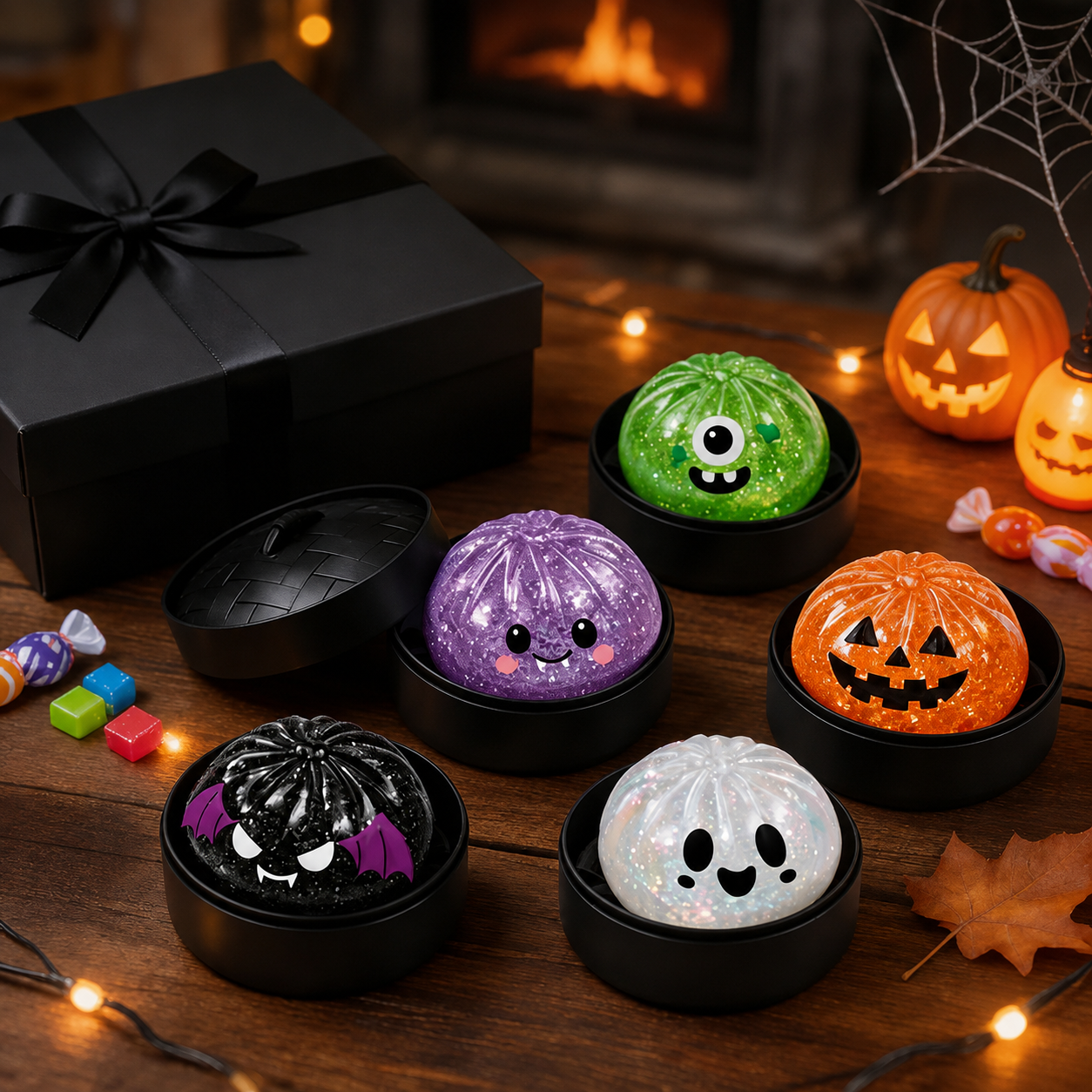 Pack Of 6 Halloween Glitter Dumpling Squeeze Toys Mini Bread Roll Set