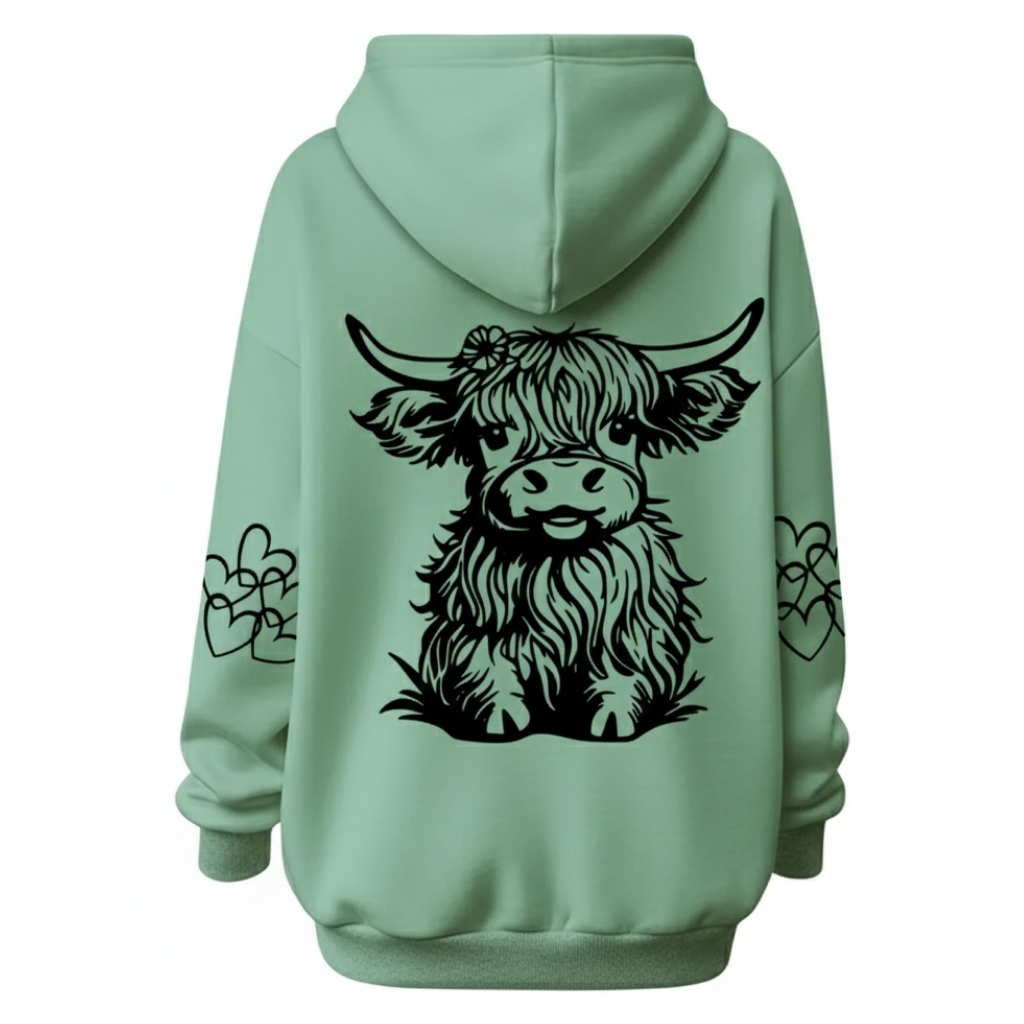 Cozy Highland Cow Printed Hoodie For Women