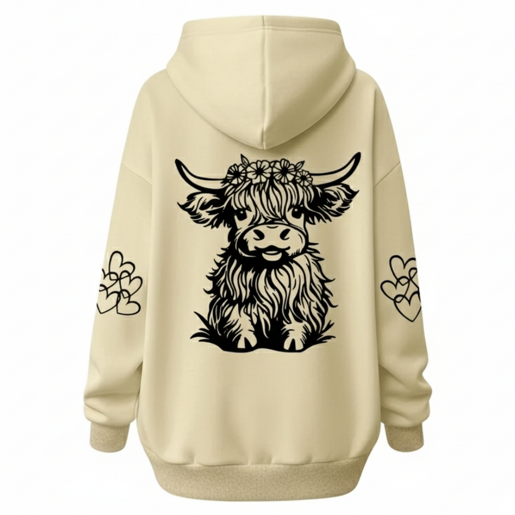 Cozy Highland Cow Printed Hoodie For Women