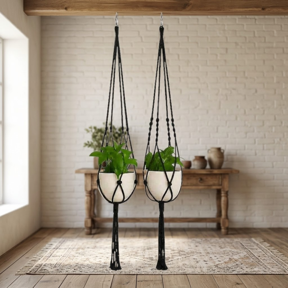 2 Piece Boho Style Plant Hanging Basket Set With Wooden Beads