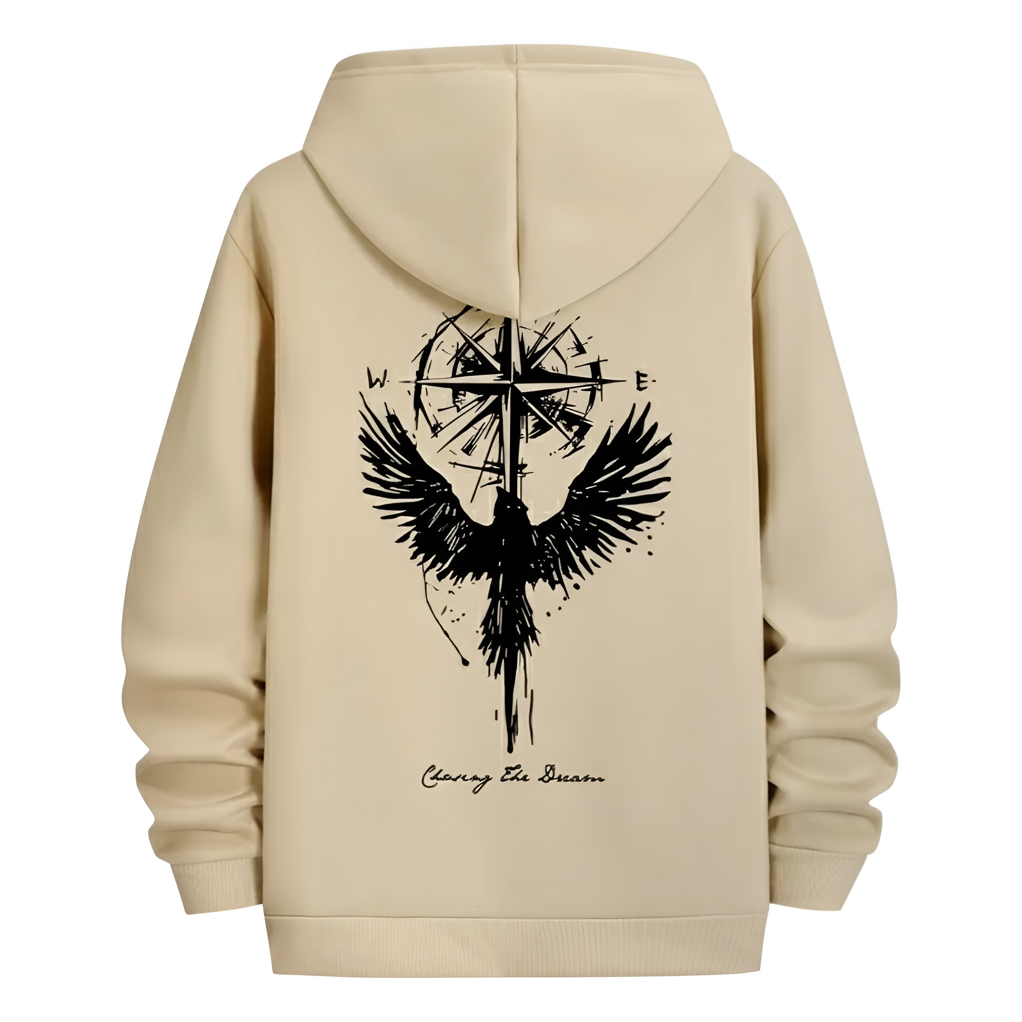 Long Sleeved Compass Star And Wings Printed Hoodie