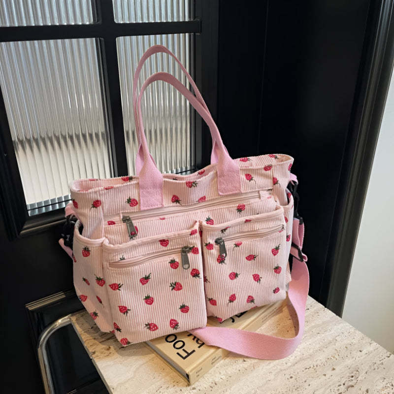 Corduroy Tote Bag – Multi-Pocket Everyday Bag with Strap