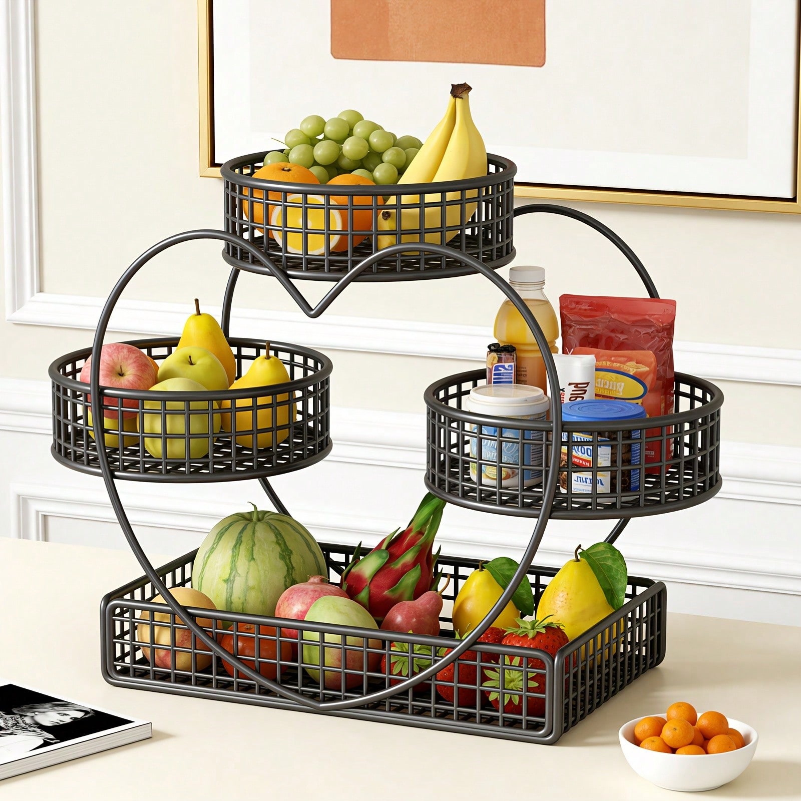 1PC 3-Tier Black Heart-Shaped Fruit Basket Bowl, Countertop Storage & Display Rack