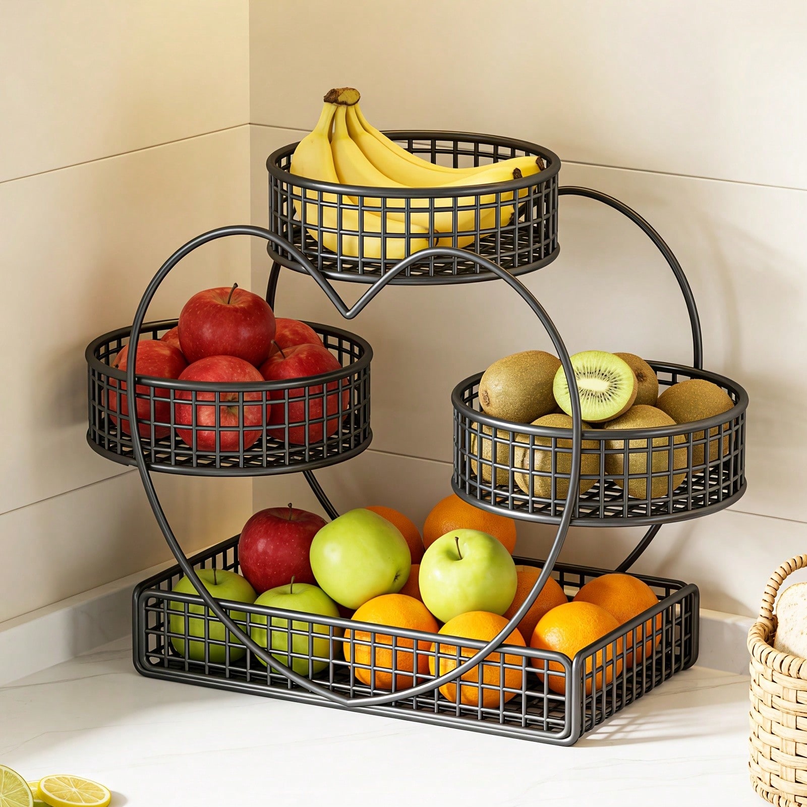1PC 3-Tier Black Heart-Shaped Fruit Basket Bowl, Countertop Storage & Display Rack