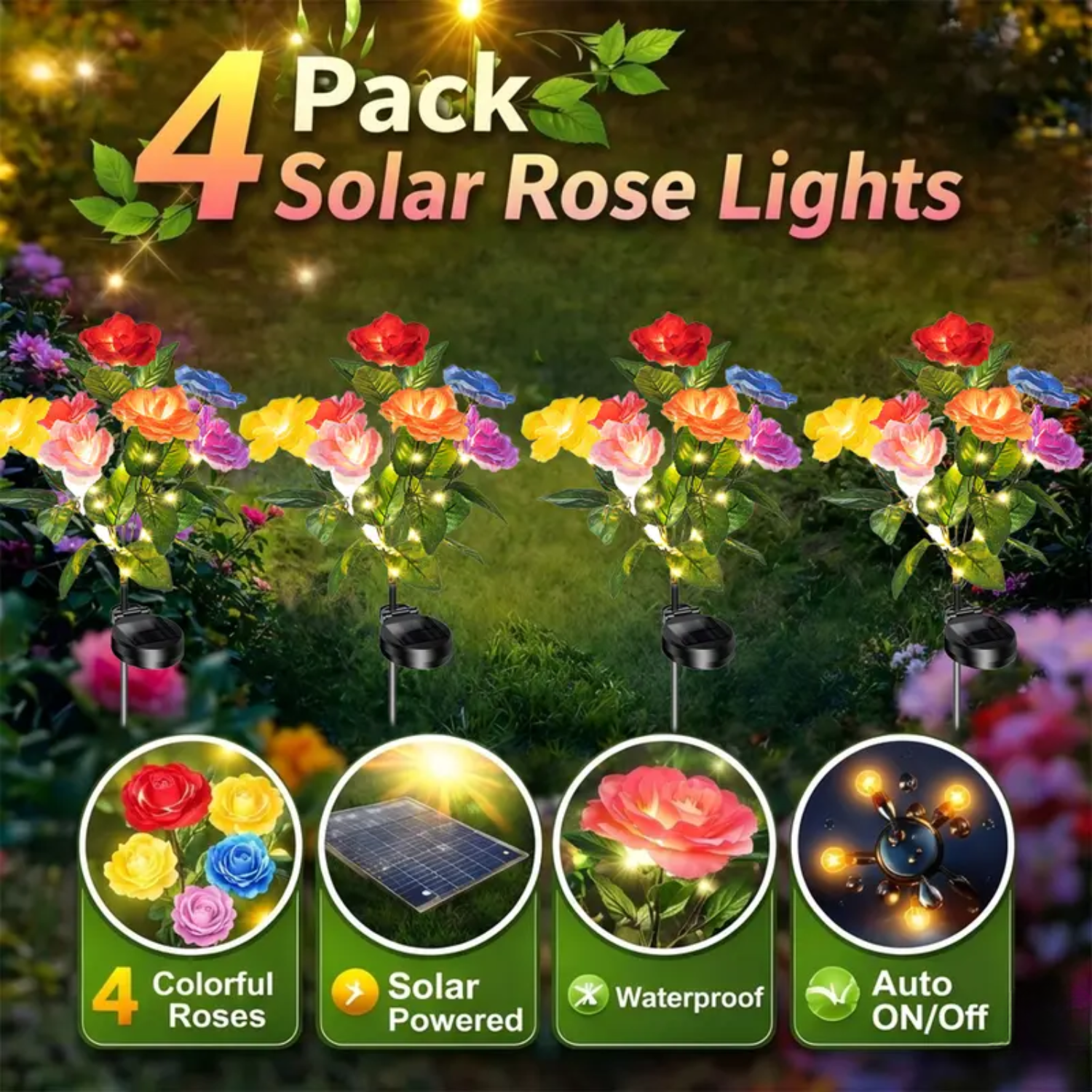  4pc Solar Simulated Rose Themed Garden Lights
