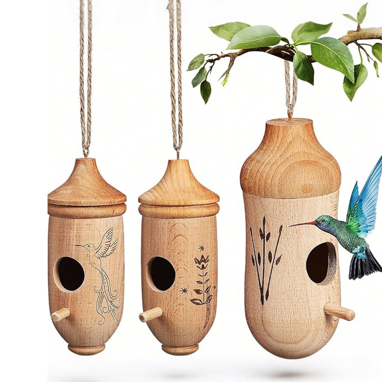 Wooden Outdoor Hanging Hummingbird House With Rope For Gardens