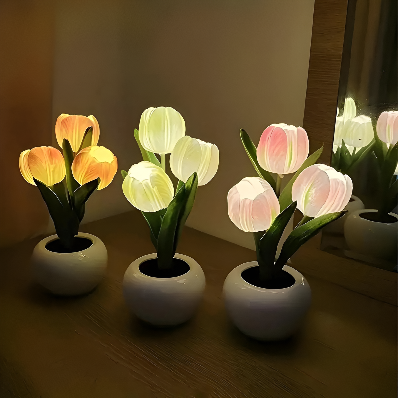 Tulip Design LED Night Table Lamp With Vase For Decor