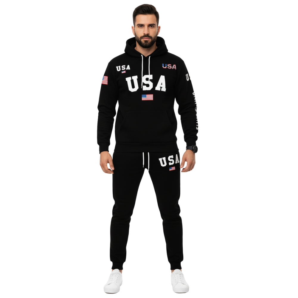 USA Letter Print Casual Hooded Sweatsuit Set for Men