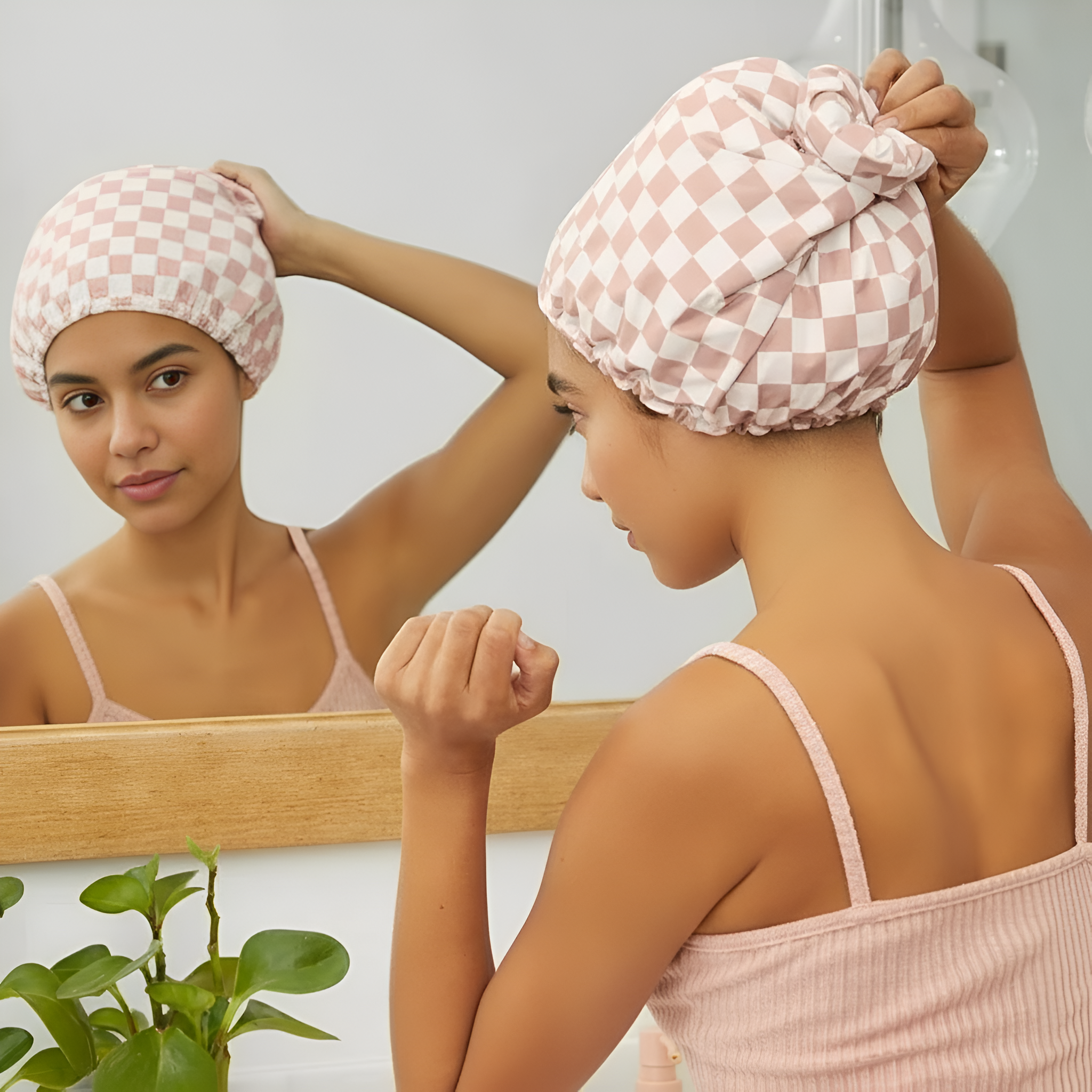 Satin Lined Flexi Shower Cap Terracotta Checker