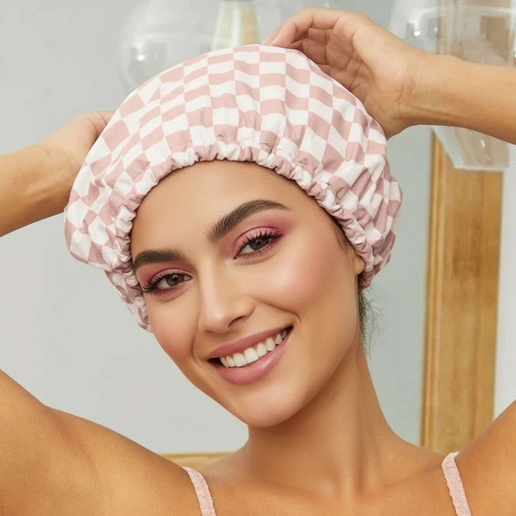 Satin Lined Flexi Shower Cap Terracotta Checker