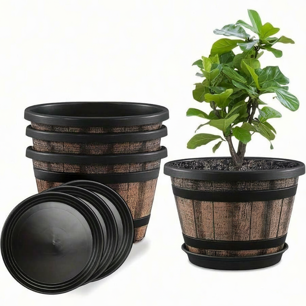 3 Pcs Whiskey Barrel Planter, Plastic Vintage Brown
