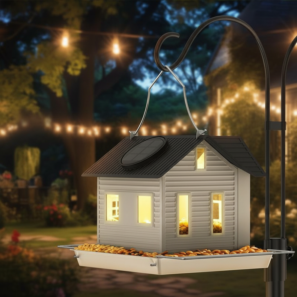 Waterproof Hanging Metal Bird Feeder with Solar Panel, Outdoor Solar Lantern