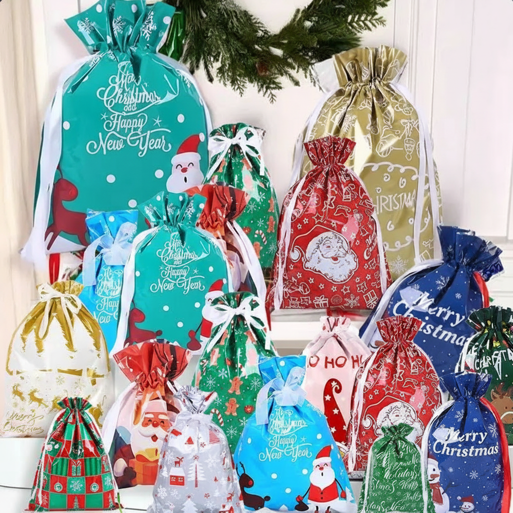 50 PCS Christmas Gift Bags with Tags Holiday Wrapping Bag Set