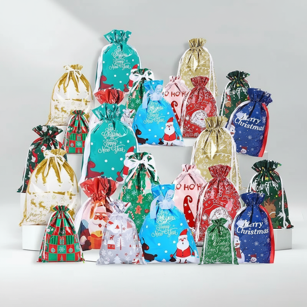 50 PCS Christmas Gift Bags with Tags Holiday Wrapping Bag Set
