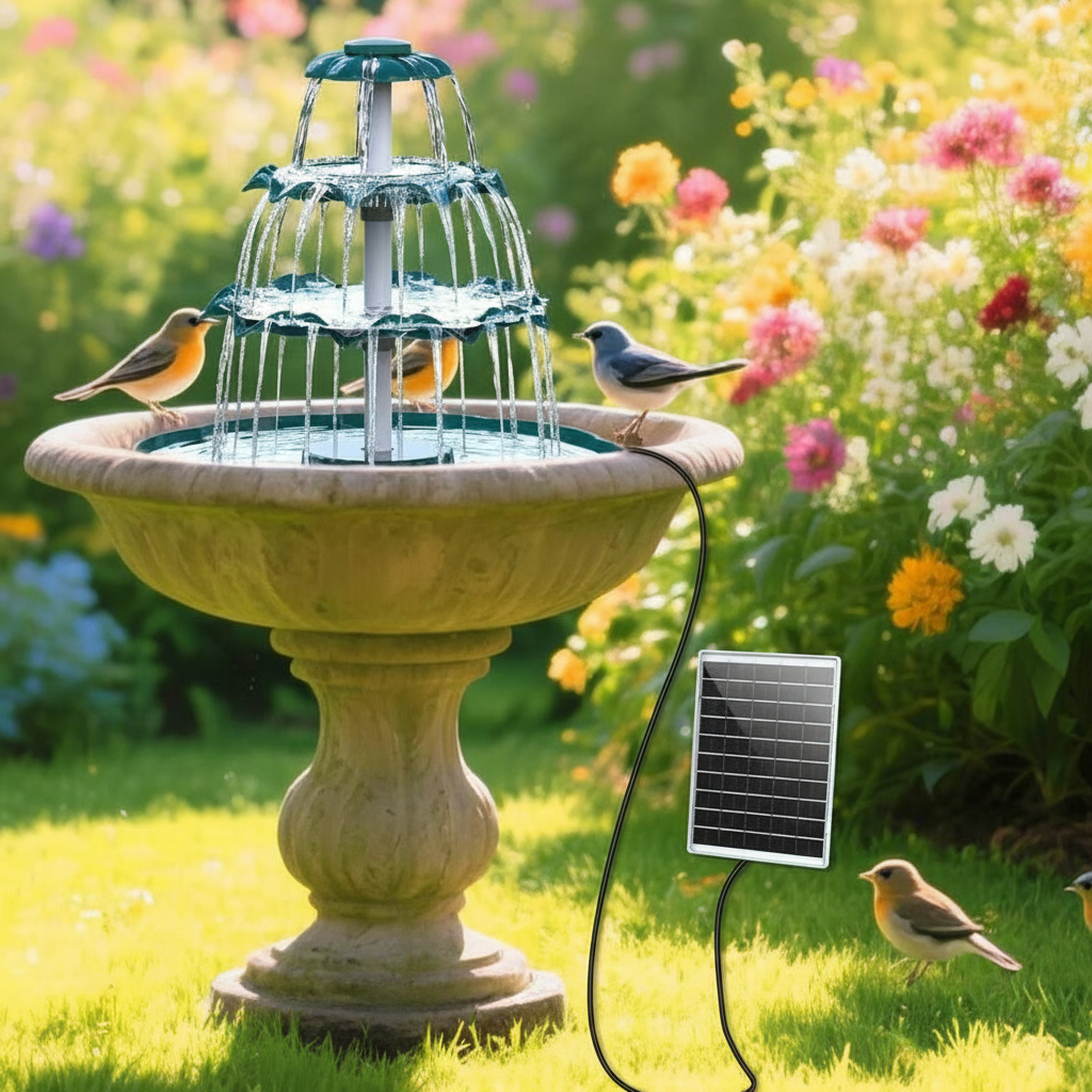 Solar Powered 3 Tiered Waterfall Bird Bath Fountain With 9 Water Streams For Garden Outdoor Decor
