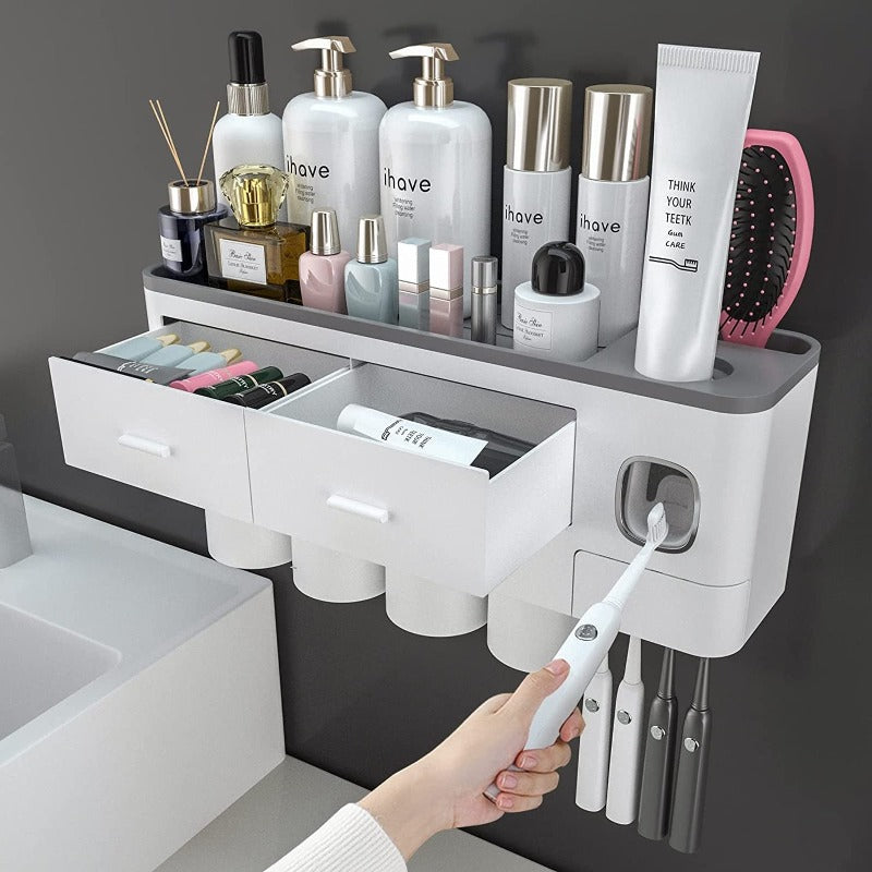 Toothbrush Holders For Bathrooms, Toothbrush Holder Wall Mounted With Toothpaste Dispenser, Large Capacity Tray, Cosmetic Drawer And Brush Slots With Cover Tooth Brush Holder - Grafton Collection