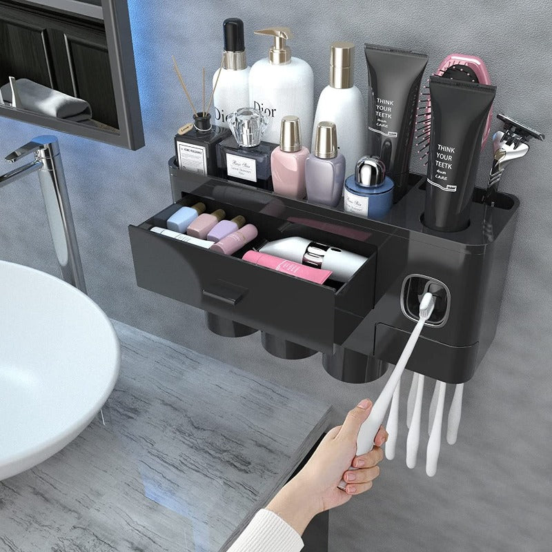 Toothbrush Holders For Bathrooms, Toothbrush Holder Wall Mounted With Toothpaste Dispenser, Large Capacity Tray, Cosmetic Drawer And Brush Slots With Cover Tooth Brush Holder - Grafton Collection