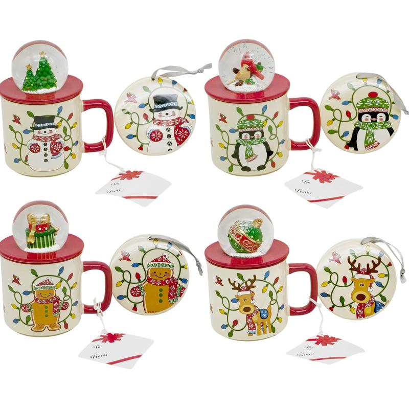 Set of 4 18oz Snow Globe Topper Christmas Mugs With Lid