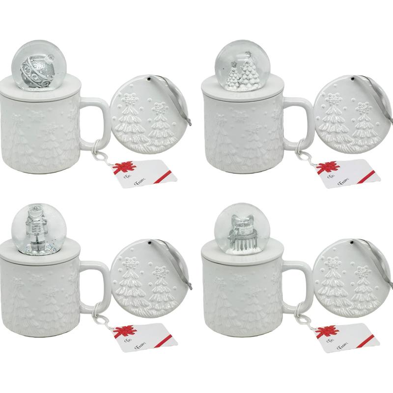 Set of 4 18oz Snow Globe Topper Christmas Mugs With Lid